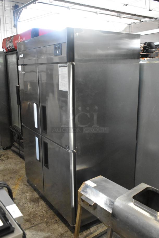 Unique stainless steel commercial reach-in cooler and freezer, four half-size doors, on casters, 115V, 1 phase.
