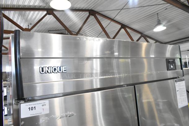Unique stainless steel commercial reach-in cooler/freezer, four half-size doors, on casters, 115V, 1-phase, durable build.