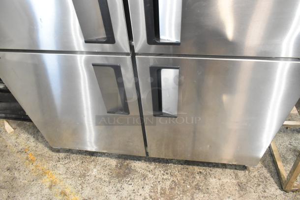 Unique stainless steel commercial reach-in cooler and freezer with four half-size doors on casters, 115V, 1 Phase.