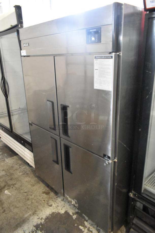 Unique stainless steel commercial 4 half size door cooler/freezer with poly coated racks on casters. 115V, 1 phase.