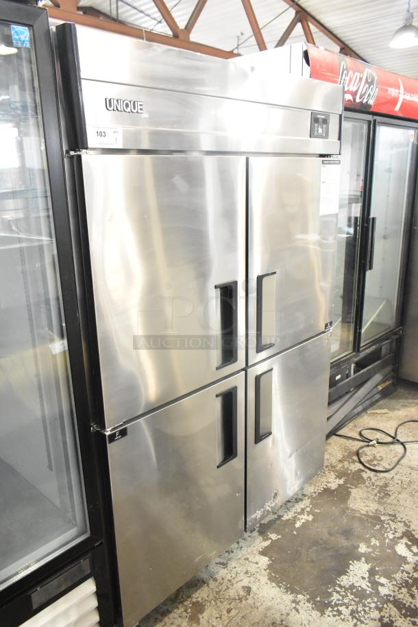 Unique stainless steel commercial 4 half-size door reach-in cooler/freezer with poly-coated racks on casters, 115V, 1 phase.