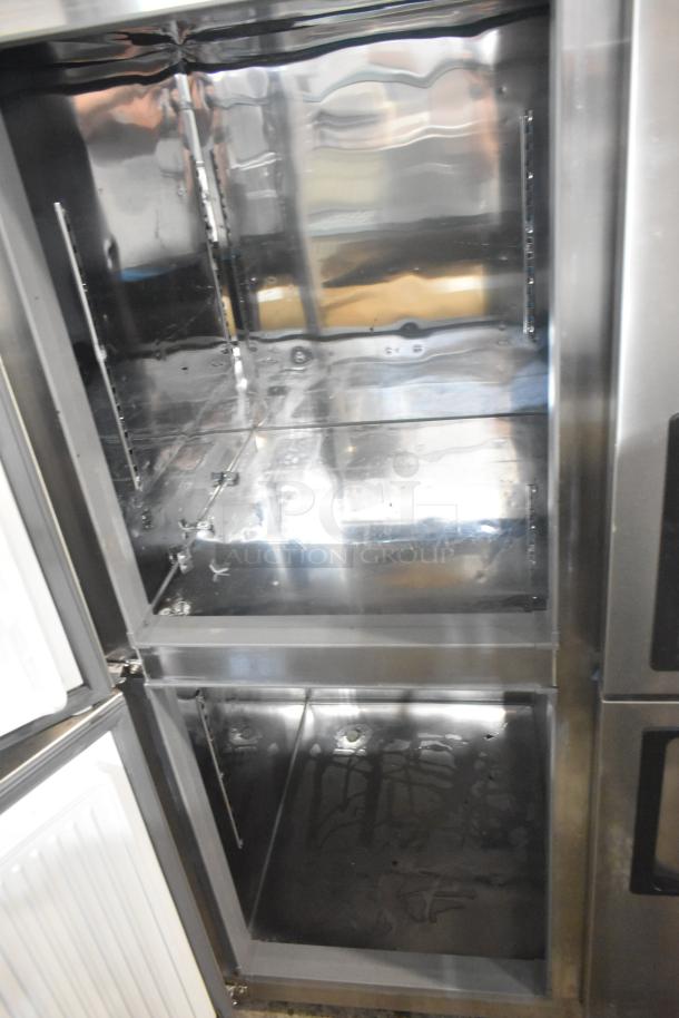 Unique stainless steel commercial cooler/freezer with 4 half-size doors, poly-coated racks, on casters. 115V, 1 Phase.
