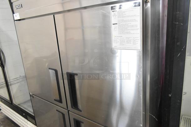 Unique stainless steel 4 half-size door reach-in cooler and freezer with poly-coated racks on casters, 115V.