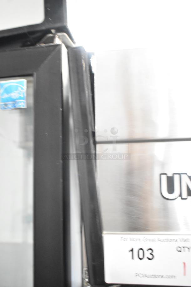 Unique stainless steel commercial 4 half-size door reach-in cooler/freezer with poly-coated racks, on casters. 115V, 1 Phase.