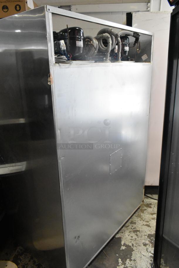 Unique stainless steel commercial reach-in cooler and freezer, 4 half-size doors, poly-coated racks, on commercial casters.