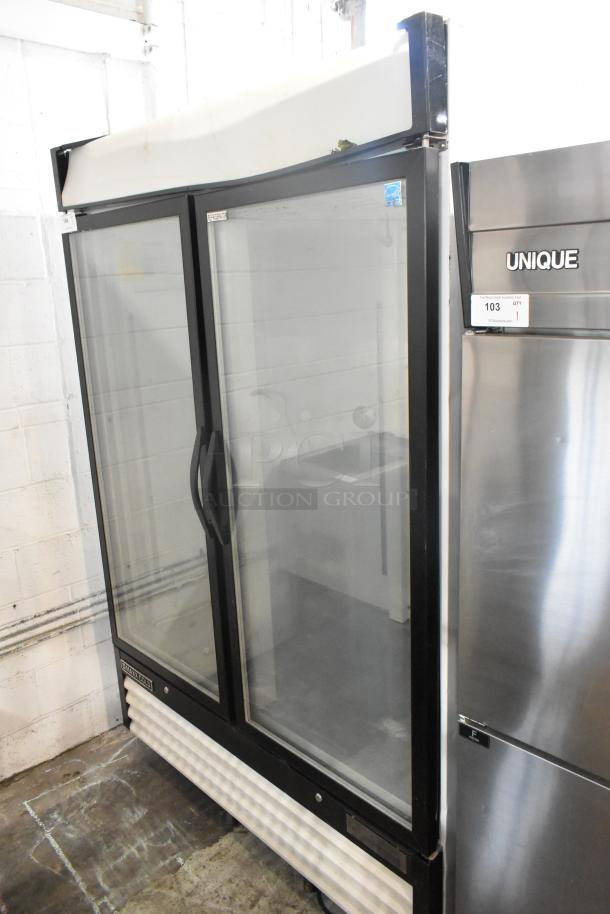 Maxx Cold MXM2-48R commercial 2-door reach-in cooler merchandiser, metal, 115 volts, 1 phase, visible handles, black frame.