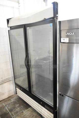 Maxx Cold MXM2-48R commercial 2-door reach-in cooler merchandiser, metal, 115 volts, 1 phase, visible handles, black frame.