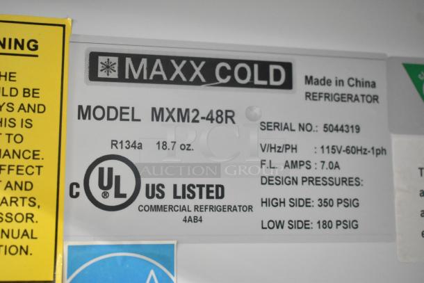 Maxx Cold MXM2-48R label showing serial no. 5044319, 115V, 7.0A, R134a refrigerant, and UL certification.