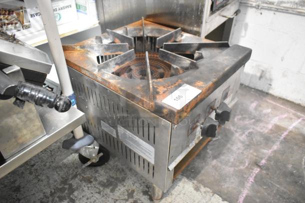 L&J OWST-018-2 stainless steel commercial natural gas single burner stock pot range, visible wear, model label intact.