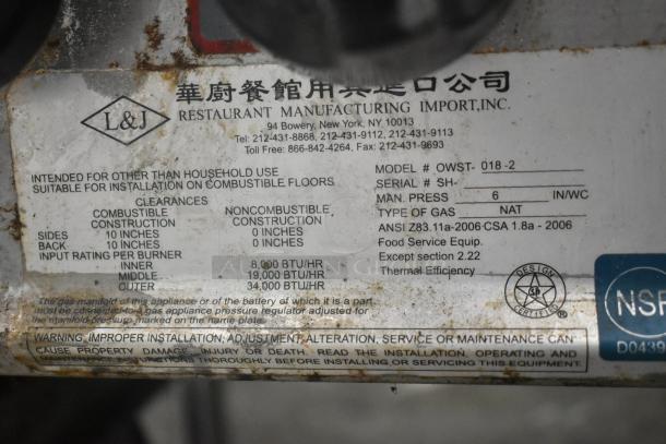 L&J OWST-018-2 stainless steel commercial gas stock pot range label, showing model, gas type, and safety information.