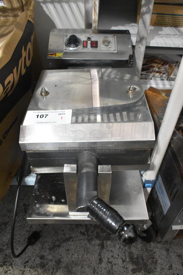 Stainless Steel Commercial Countertop Waffle Maker, features adjustable controls, durable design, auction label no. 107 displayed.