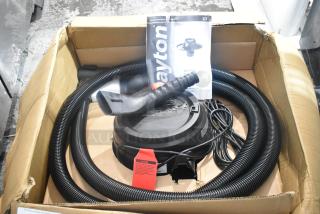 Dayton 61HV93 Drum Head, 120 Volts, 1 Phase, with hose and instructions in box; new condition with visible safety tag.