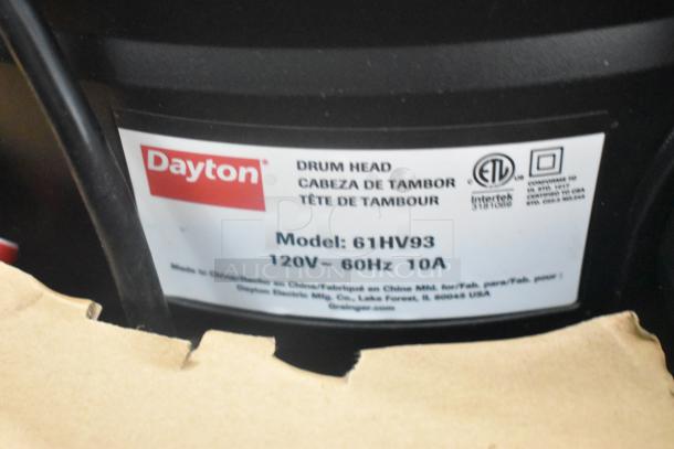 Dayton 61HV93 Drum Head, 120V, 60Hz, 10A, 1 Phase. Label shows ETL certification and manufacturing details.