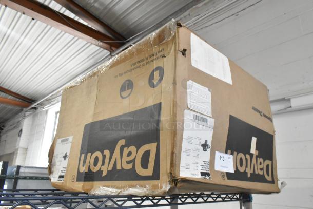 Brand new Dayton 61HV93 Drum Head in box, scratch and dent condition. 120 Volts, 1 Phase. Box displays handling labels.