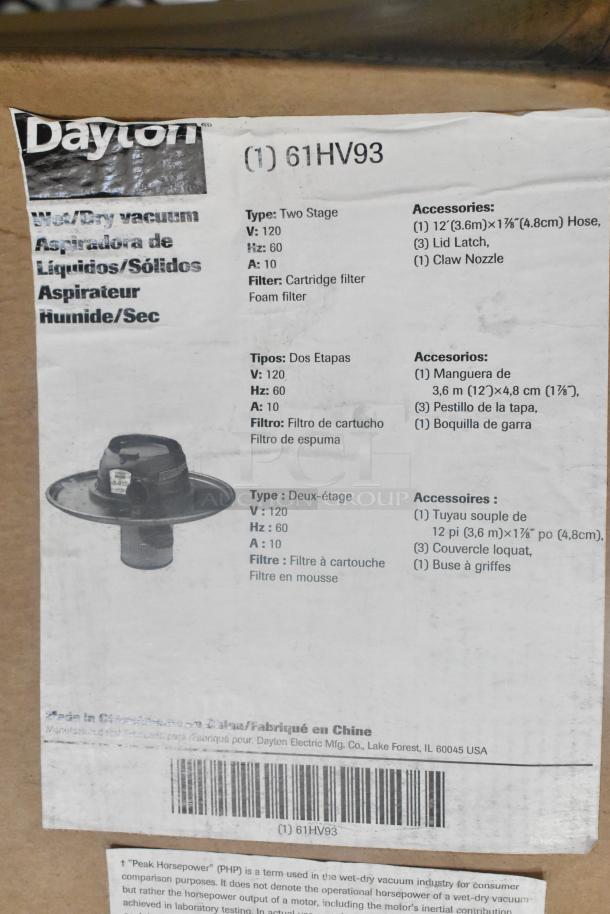 Brand new Dayton 61HV93 drum head, 120V, 1 phase, scratch and dent. Includes 12' hose, lid latch, claw nozzle.