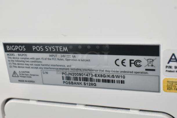 BIGPOS Metal Floor POS System label showing model: BIGPOS, input: 24V 6A, barcode, and compliance logos. Made in Korea.