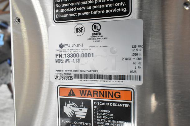 Bunn VP17-1 Stainless Steel Pourover Coffee Brewer, 120V, new condition, visible label with model and serial details.