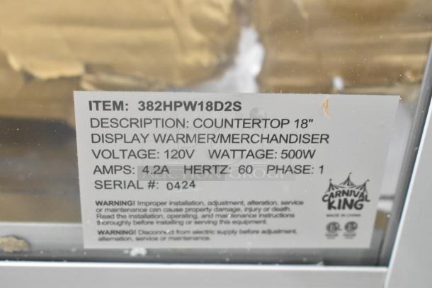 BRAND NEW Carnival King HPW-18D2S full-service warmer, 120V, 18" countertop model. Serial #0424, 500W, 4.2A, 1 phase.