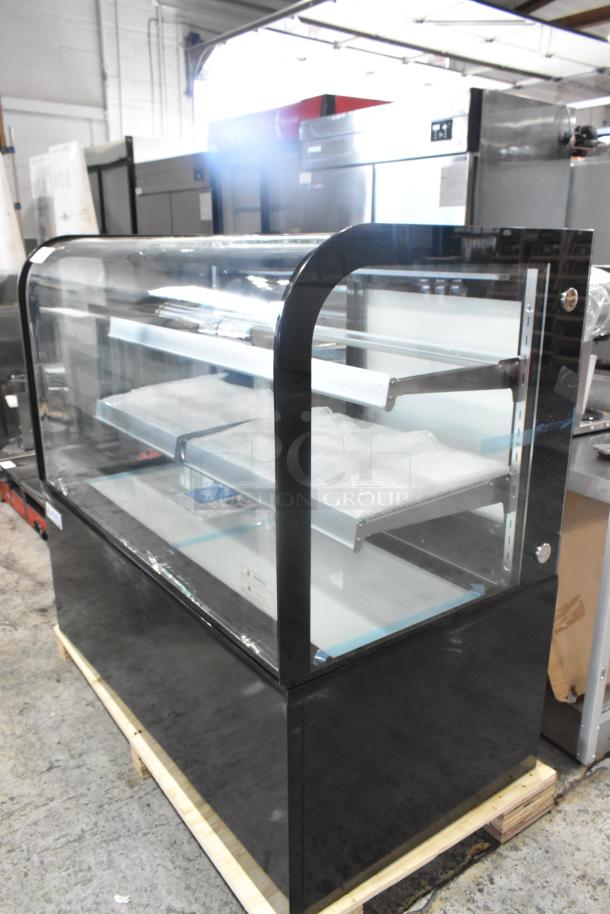 Brand new Avantco 19BC48HCB 48" curved glass black refrigerated bakery display case; scratch and dent condition. Broken glass visible.
