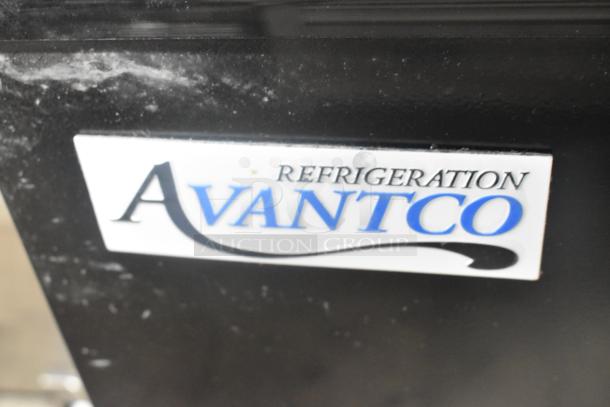 Avantco branded label on black refrigerated bakery display case, model 19BC48HCB. Curved glass noted as broken.