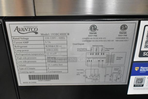 "Avantco 19BC48HCB label showing specifications, 115 Volts, 1 Phase. Includes refrigeration details, circuit diagram."
