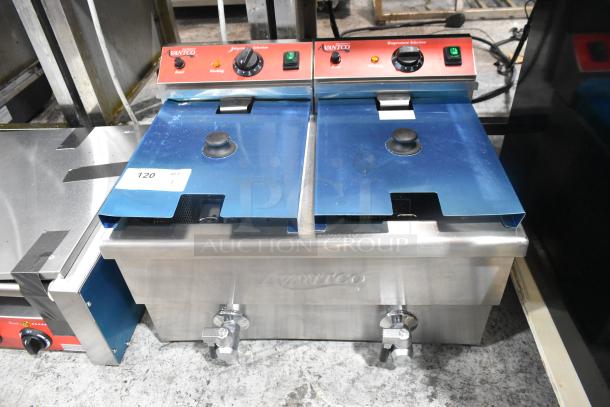 Brand new Avantco 177F202 stainless steel dual tank electric fryer. Includes 2 metal baskets, lids; 30 lb. capacity.
