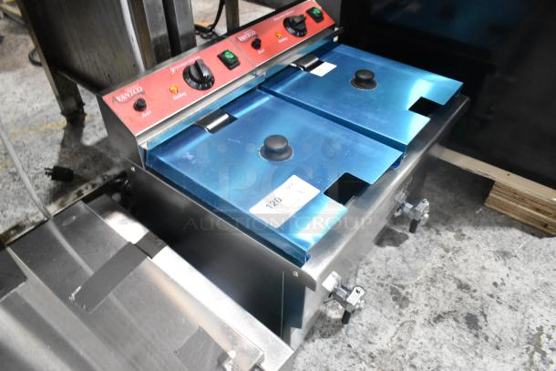 Brand new Avantco 177F202 stainless steel dual tank electric fryer with 2 metal baskets, 2 lids, and voltage label.