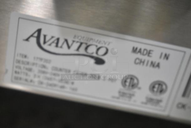 Alt text: Avantco 177F202 label, stainless steel 30 lb. dual tank electric countertop fryer. Voltage 208-240V, 1 phase. Made in China.