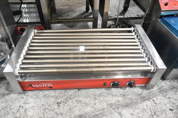 New 2024 Avantco 177RG1850NS hot dog roller grill with 11 non-stick rollers, stainless steel, 120V, 1 phase, light scratches.
