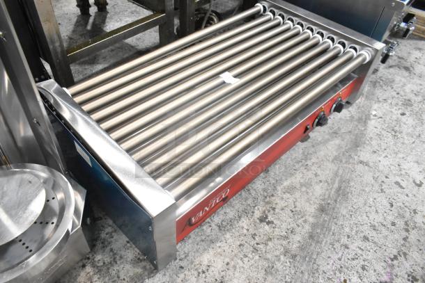 Brand new Avantco 177RG1850NS stainless steel hot dog roller grill with 11 non-stick rollers. 120V, 1 phase.