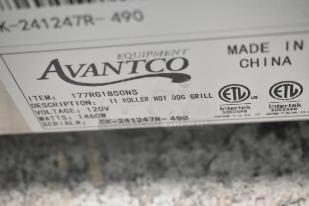 Avantco 177RG1850NS hot dog roller grill label showing model, 11 rollers, 120V, and 1460W, made in China.