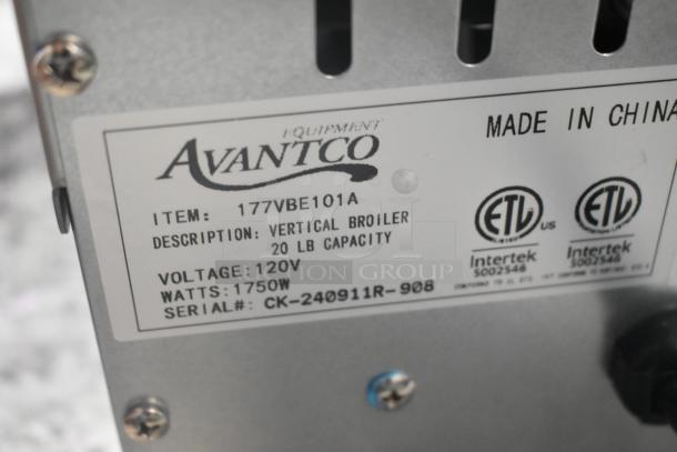Avantco 177VBE101A Stainless Steel Vertical Broiler label showing 120V, 1750W, 20 lb capacity. Made in China.