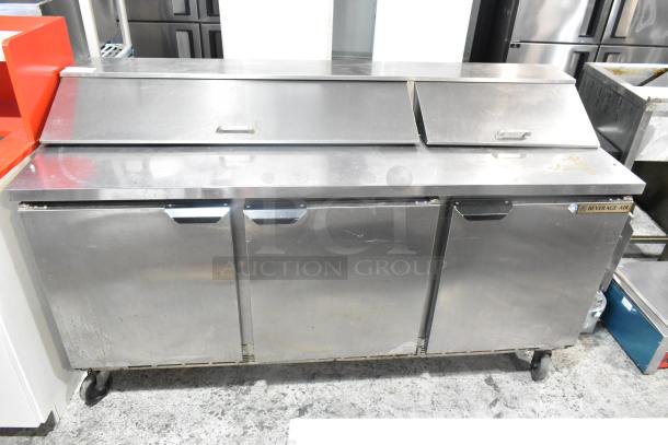 Beverage Air SPE72HC-18 stainless steel prep table with mega top, commercial casters, 115V, 1 phase, visible front label.