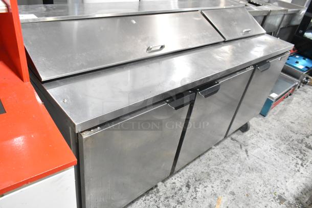 Beverage Air SPE72HC-18 stainless steel prep table with Bain Marie top, commercial casters, 115V.