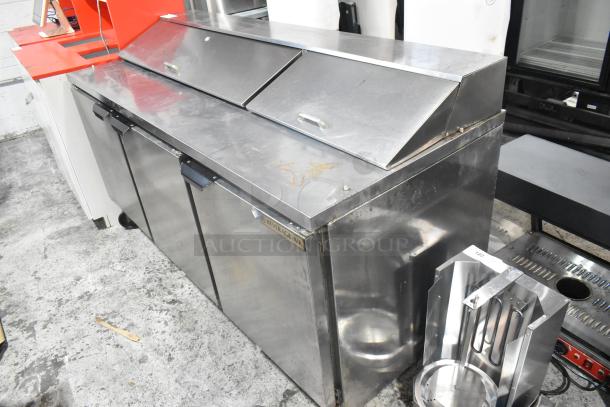 Beverage Air SPE72HC-18 stainless steel sandwich salad prep table, bain marie mega top, commercial casters, 115V, used condition.