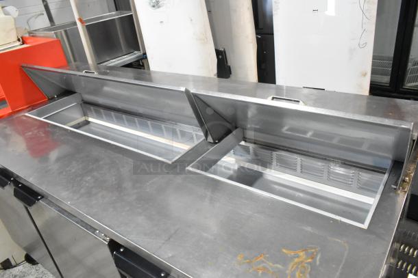 Beverage Air SPE72HC-18 stainless steel sandwich salad prep table, mega top, on casters, 115V, 1 phase, good condition.