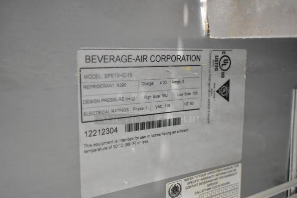 Beverage Air SPE72HC-18 prep table label showing model, refrigerant R290, design pressure, and electrical ratings.