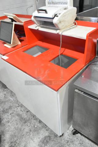 White and red double trash can shell with GMPack 3 Series Q-23 unit, commercial use, visible wear, auction item.