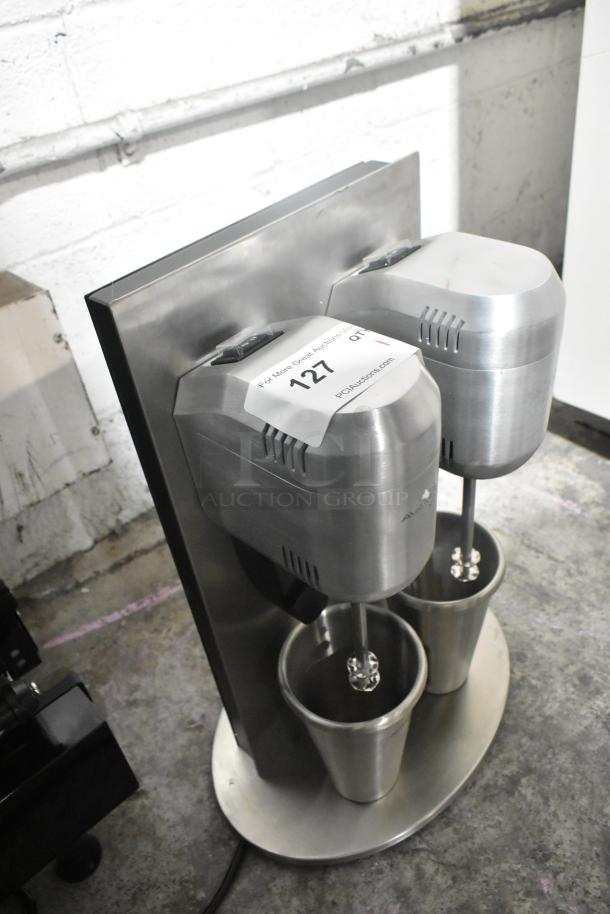 Brand new AvaMix ADM2 double spindle milkshake machine with two metal cups, 120 volts, scratch and dent condition.