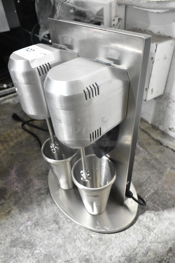 Brand new AvaMix ADM2 double spindle milkshake machine with two metal mixing cups. 120 volts, freestanding.