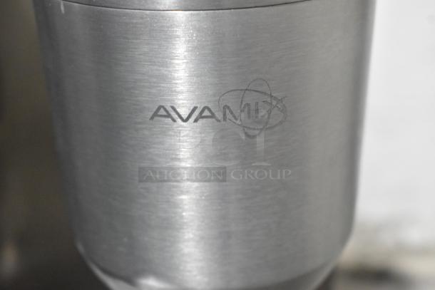 BRAND NEW AvaMix ADM2 double spindle mixer with metal cups, 120V, shows minor scratches, logo visible.