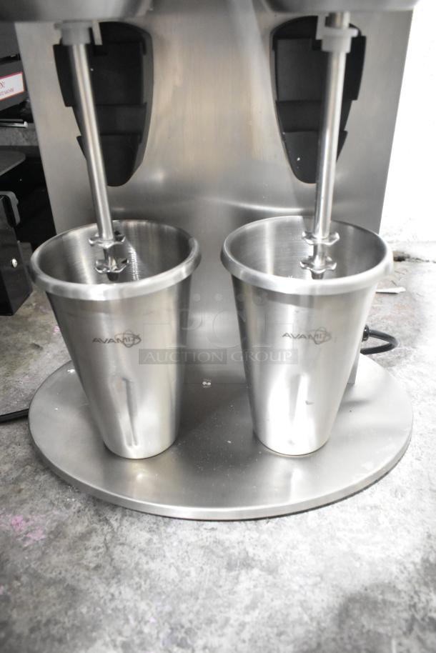 Brand new AvaMix ADM2 double spindle drink mixer with two metal cups, minor scratches. 120V, 1 Phase.