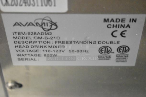 AvaMix ADM2 Freestanding Double Spindle Drink Mixer label, 120 Volts, 800W. Model DM-B-21C, ETL certified, made in China.