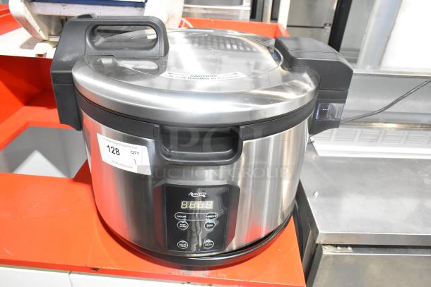 Brand new Avantco 177RCSB90 90 Cup Digital Electric Rice Cooker, stainless steel, hinged lid, digital display, 240V.