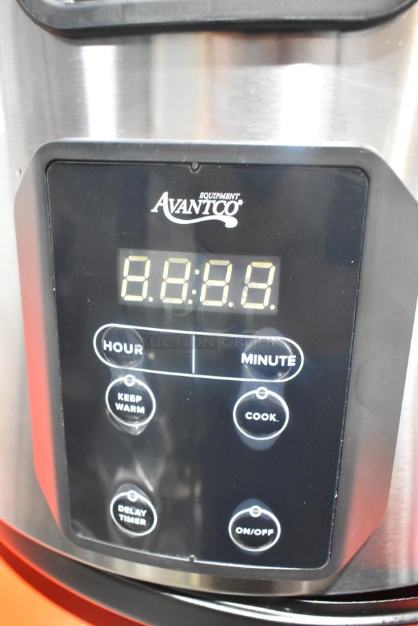 Brand new Avantco 177RCSB90 digital electric rice cooker with a hinged lid. Features a LED display and control buttons.