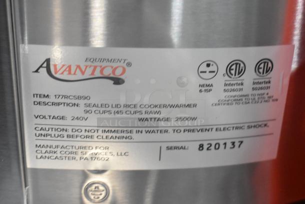 BRAND NEW Avantco 177RCSB90 90 cup digital rice cooker/warmer with hinged lid; 240V, 1 phase, 2500W. Serial: 820137.