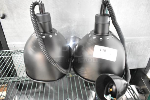 2 new ServIt 423HLR85BK black retractable cord ceiling heat lamps with round dome shades, model tags visible.