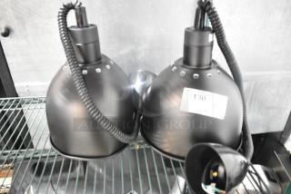 2 new ServIt 423HLR85BK black retractable cord ceiling heat lamps with round dome shades, model tags visible.