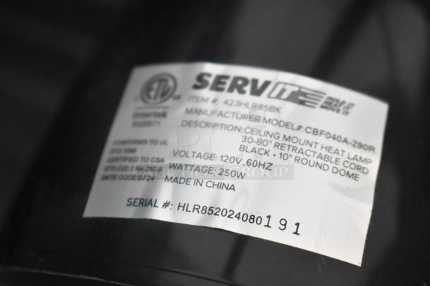 ServIt 423HLR85BK heat lamp label showing model and serial numbers, 120V, 250W, retractable cord, black round dome, made in China.