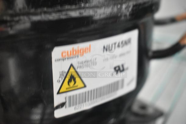 Cubigel NUT45NR compressor with label, new condition, R-290 refrigerant, 115V, for Avantco A-12R-HC and CBE series.